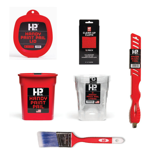 Handy Products Kit that includes a Paint Pail, 6-pack Liners, Lid, 2 inch brush, multi-tool, and clean-up cloth