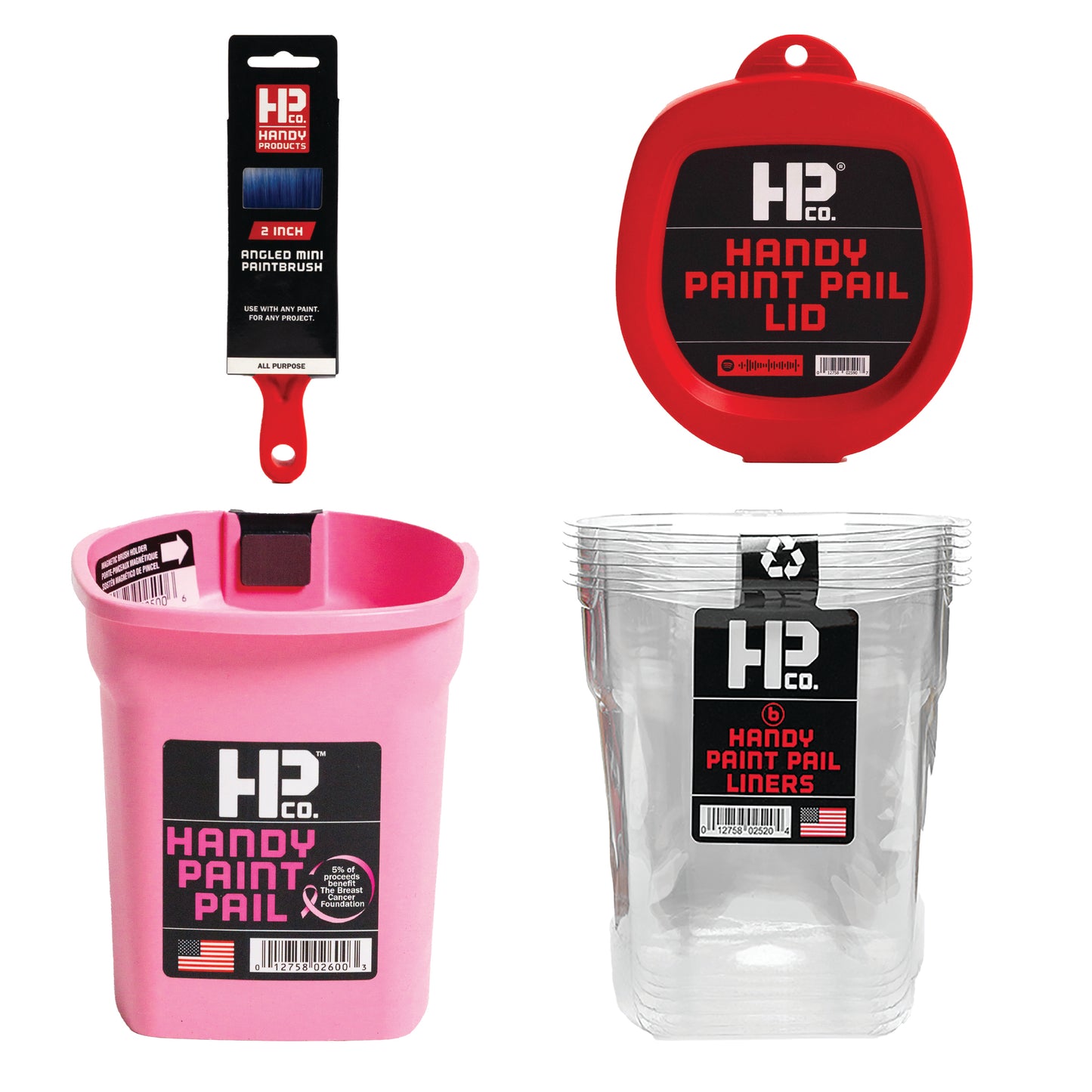 Handy Paint Pail Kit- Includes a Pink Handy Paint Pail, 6 Disposable Liners, Snap-On Lid & 2" Angled Mini-Brush-Perfect for Trim, Cut-ins, and Small Painting Projects.